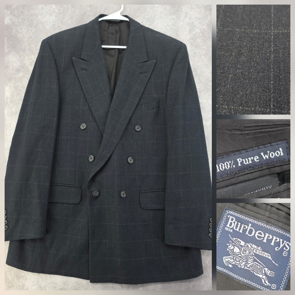 Vintage Burberrys Mens 44R Double Breasted‎ Wool Blazer Charcoal Windowpane Grey